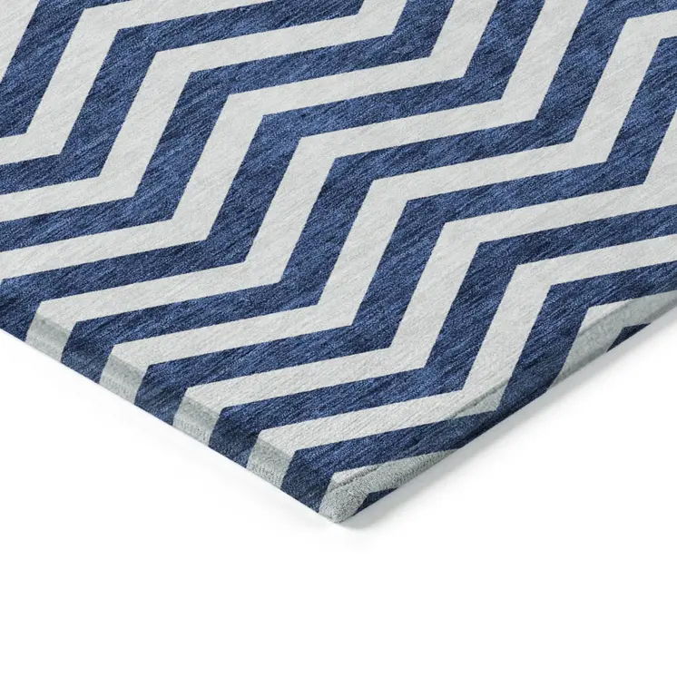 8' X 10' Navy Blue And Ivory Chevron Washable Indoor Outdoor Area Rug