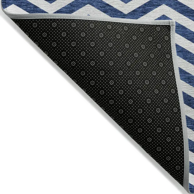 9' X 12' Navy Blue And Ivory Chevron Washable Indoor Outdoor Area Rug