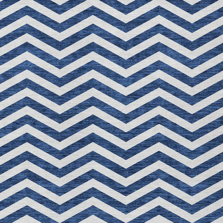9' X 12' Navy Blue And Ivory Chevron Washable Indoor Outdoor Area Rug