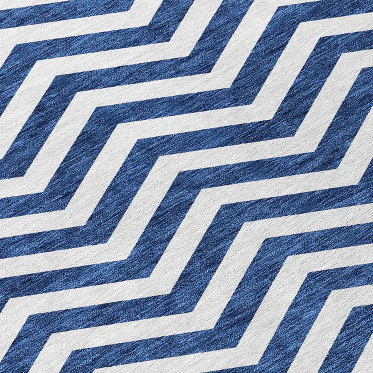 9' X 12' Navy Blue And Ivory Chevron Washable Indoor Outdoor Area Rug