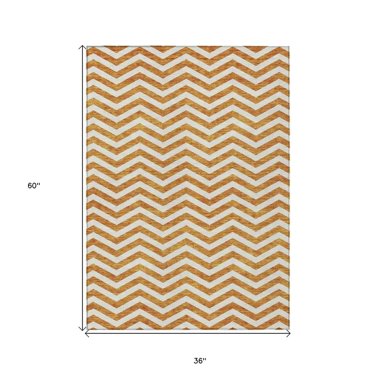 3' X 5' Orange And Beige Chevron Washable Indoor Outdoor Area Rug