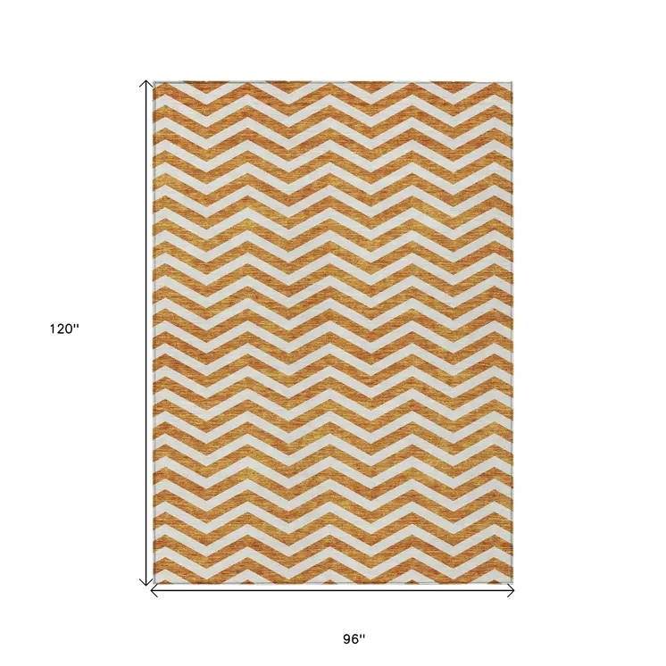 8' X 10' Orange And Beige Chevron Washable Indoor Outdoor Area Rug