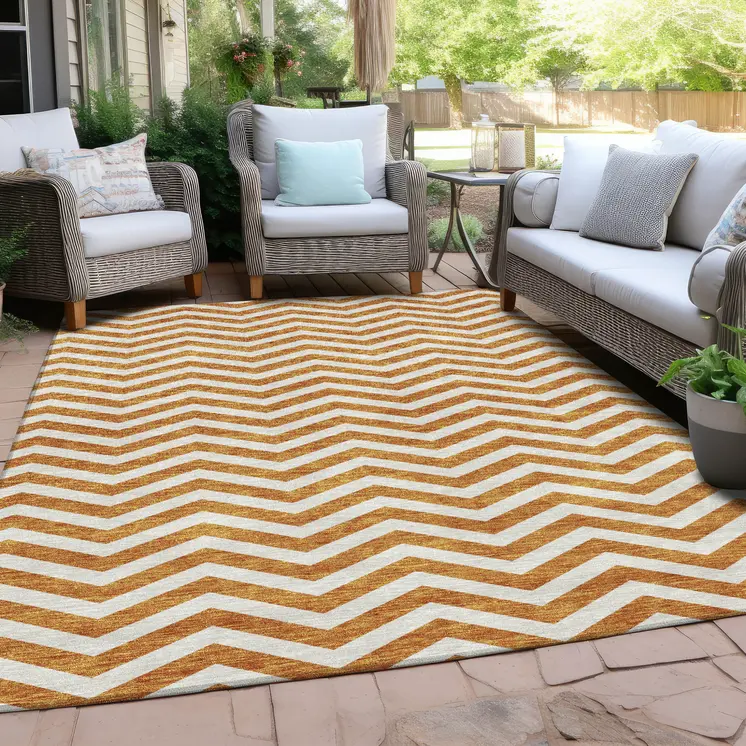 8' X 10' Orange And Beige Chevron Washable Indoor Outdoor Area Rug