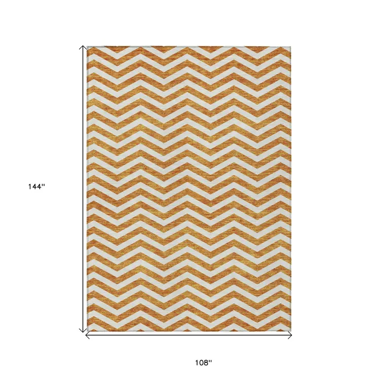 9' X 12' Orange And Beige Chevron Washable Indoor Outdoor Area Rug