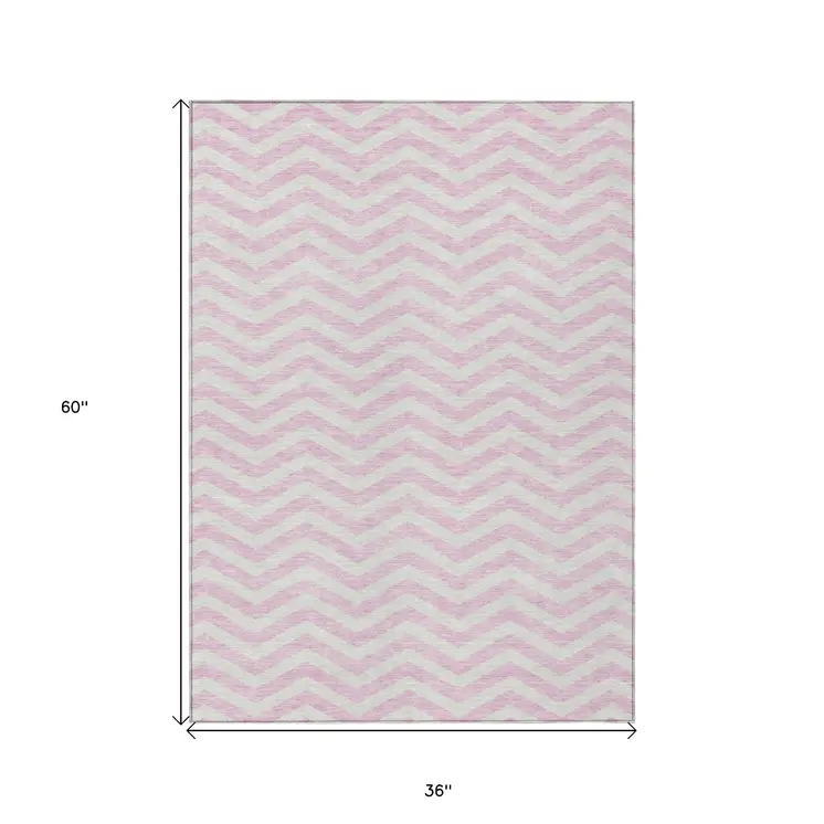 3' X 5' Pink And Gray Chevron Washable Indoor Outdoor Area Rug