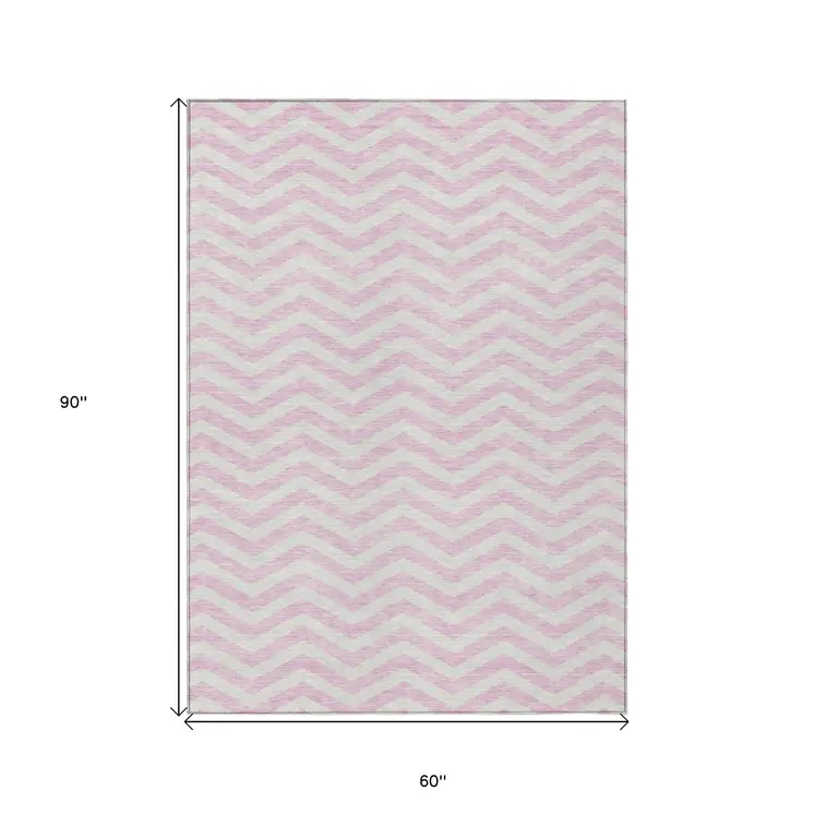 5' X 8' Pink And Gray Chevron Washable Indoor Outdoor Area Rug