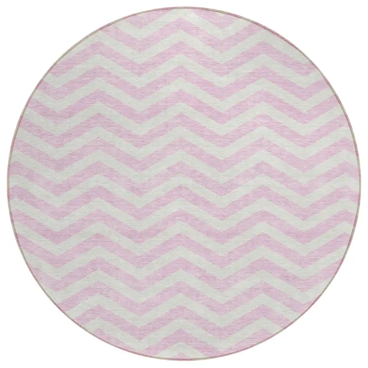 8' Pink And Gray Round Chevron Washable Indoor Outdoor Area Rug