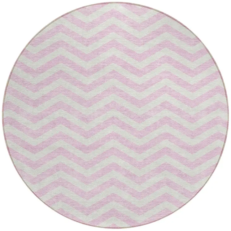 8' Pink And Gray Round Chevron Washable Indoor Outdoor Area Rug