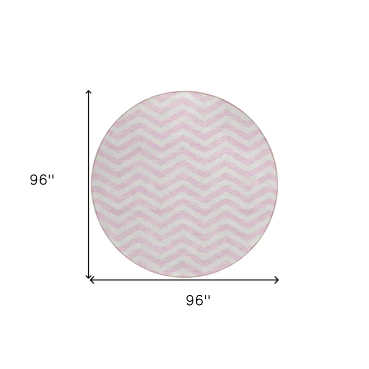 8' Pink And Gray Round Chevron Washable Indoor Outdoor Area Rug