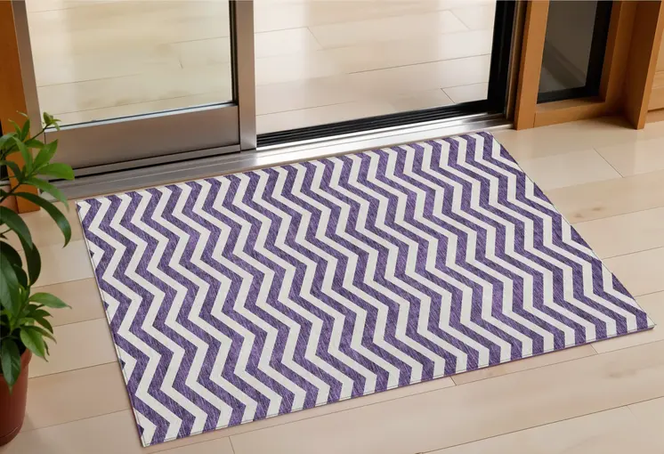 3' X 5' Purple And Ivory Chevron Washable Indoor Outdoor Area Rug