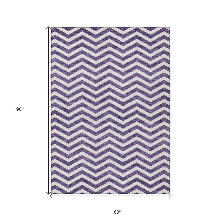5' X 8' Purple And Ivory Chevron Washable Indoor Outdoor Area Rug