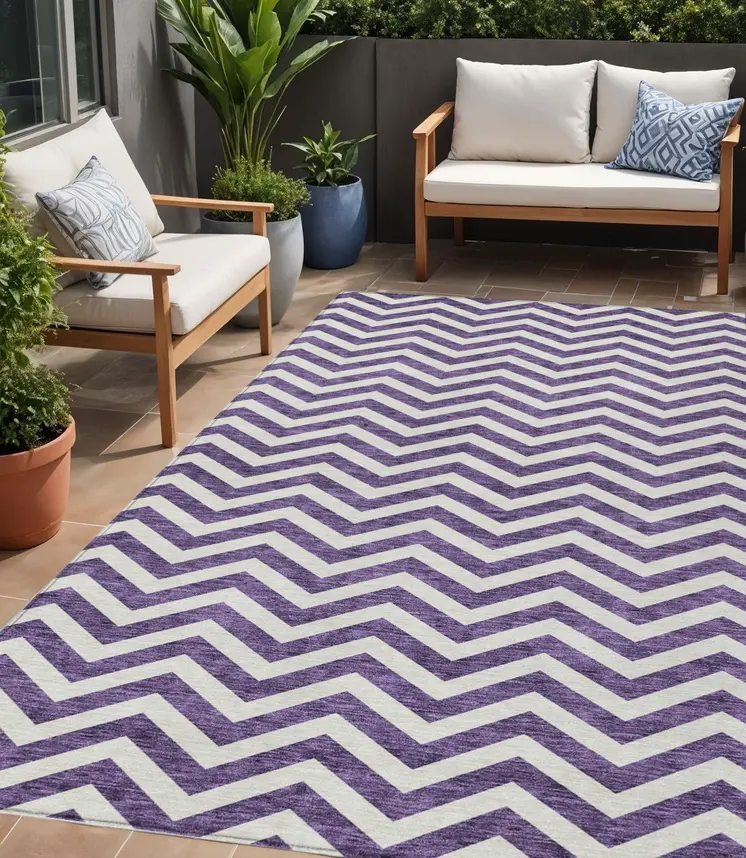 5' X 8' Purple And Ivory Chevron Washable Indoor Outdoor Area Rug