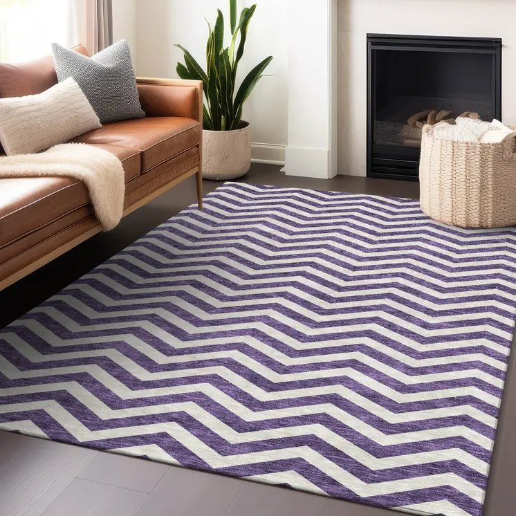 5' X 8' Purple And Ivory Chevron Washable Indoor Outdoor Area Rug