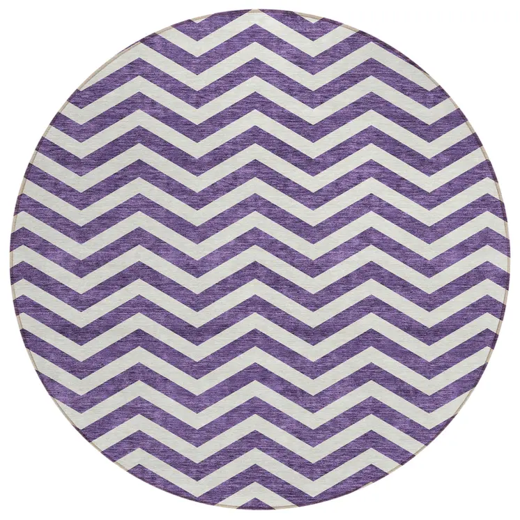 8' Purple And Ivory Round Chevron Washable Indoor Outdoor Area Rug