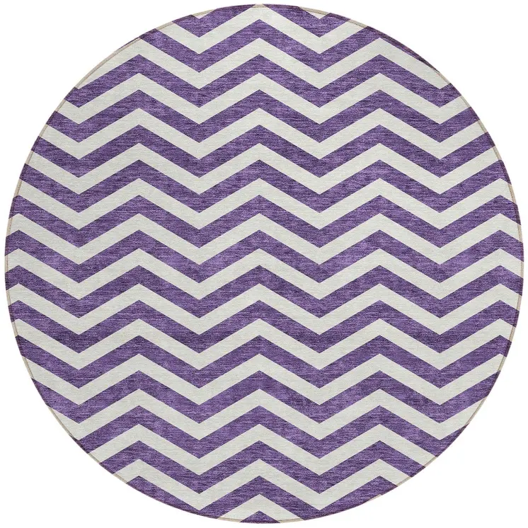 8' Purple And Ivory Round Chevron Washable Indoor Outdoor Area Rug
