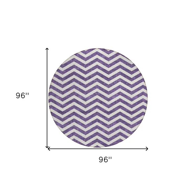 8' Purple And Ivory Round Chevron Washable Indoor Outdoor Area Rug