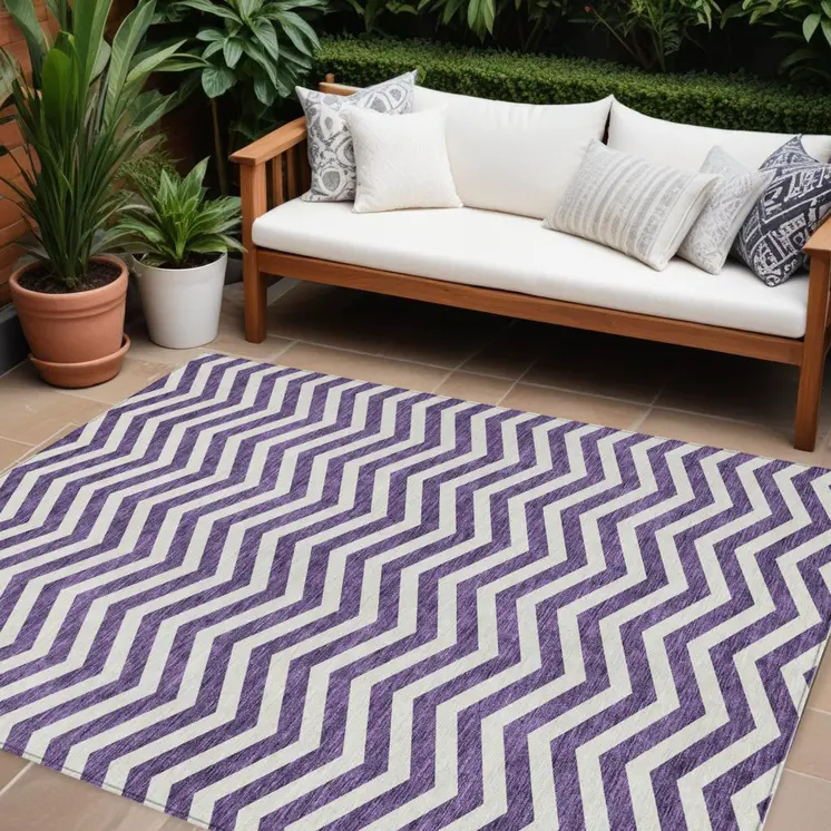 9' X 12' Purple And Ivory Chevron Washable Indoor Outdoor Area Rug