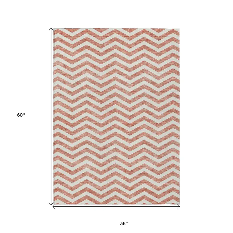 3' X 5' Salmon And Ivory Chevron Washable Indoor Outdoor Area Rug
