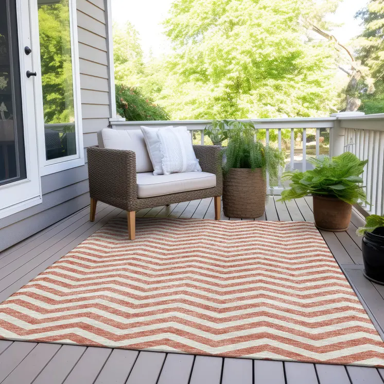 3' X 5' Salmon And Ivory Chevron Washable Indoor Outdoor Area Rug