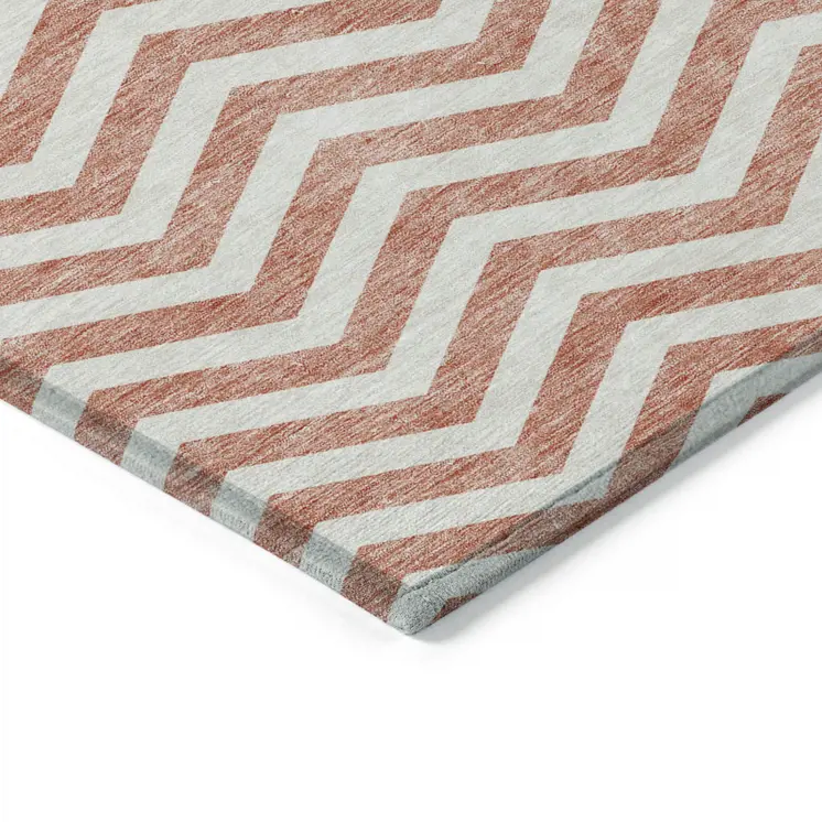 3' X 5' Salmon And Ivory Chevron Washable Indoor Outdoor Area Rug