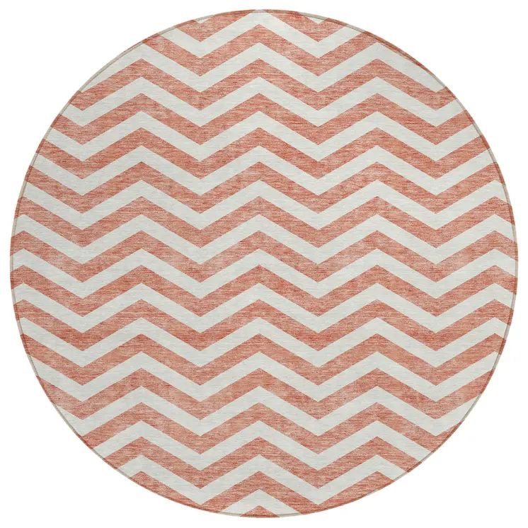 8' Salmon And Ivory Round Chevron Washable Indoor Outdoor Area Rug