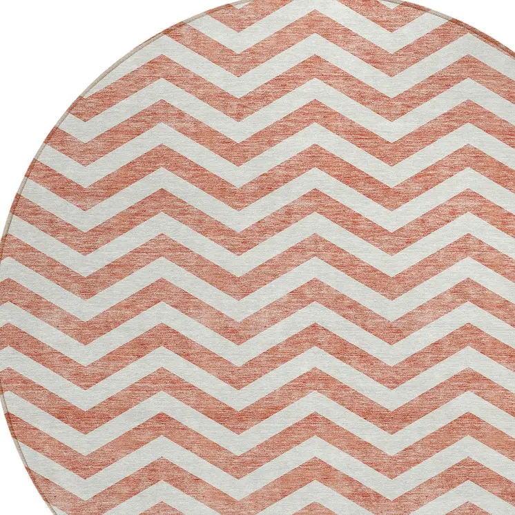 8' Salmon And Ivory Round Chevron Washable Indoor Outdoor Area Rug