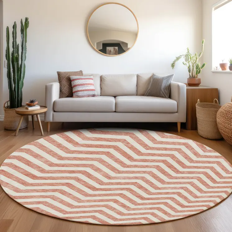 8' Salmon And Ivory Round Chevron Washable Indoor Outdoor Area Rug