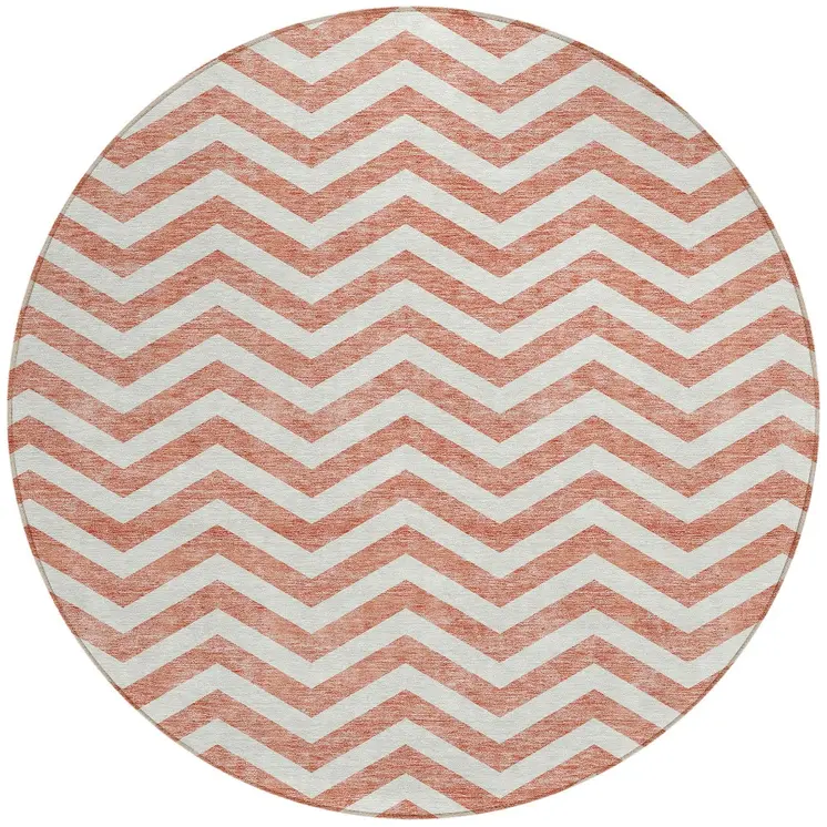 8' Salmon And Ivory Round Chevron Washable Indoor Outdoor Area Rug