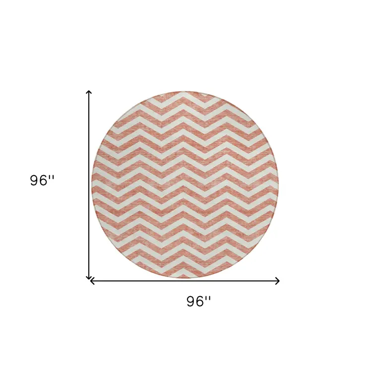 8' Salmon And Ivory Round Chevron Washable Indoor Outdoor Area Rug