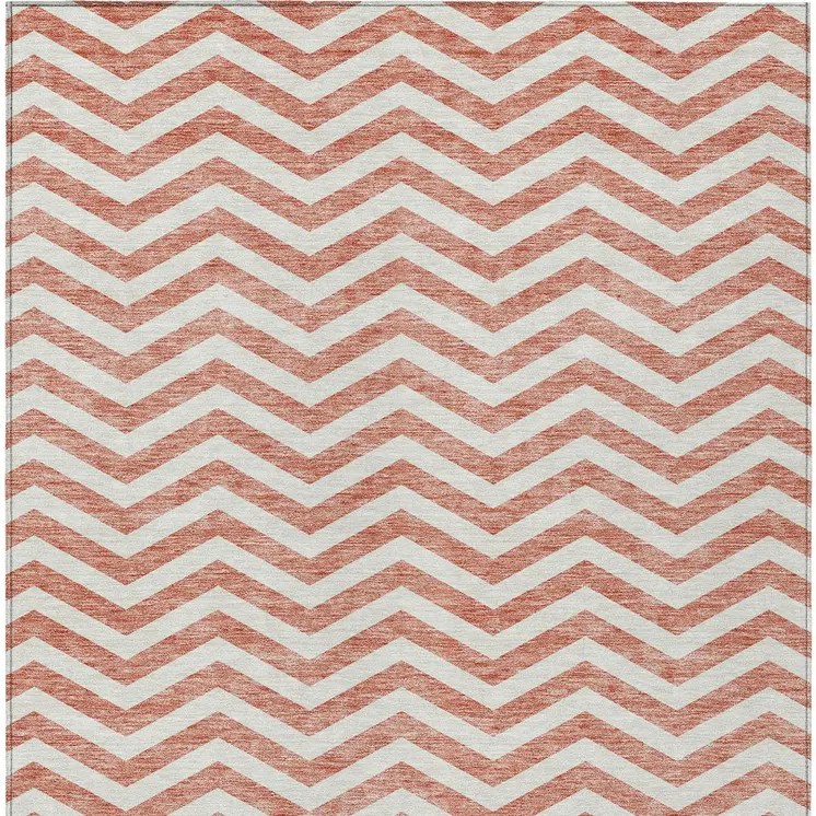 9' X 12' Salmon And Ivory Chevron Washable Indoor Outdoor Area Rug