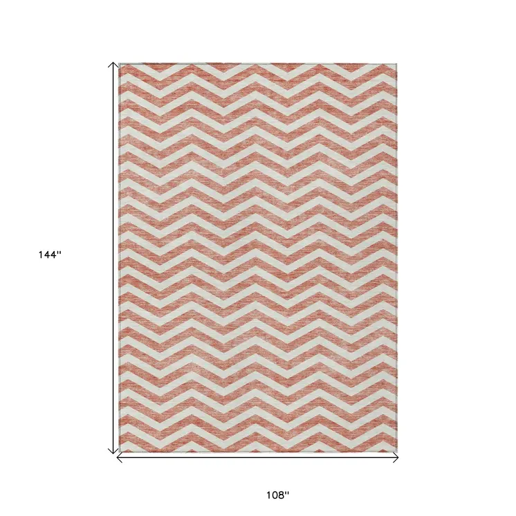 9' X 12' Salmon And Ivory Chevron Washable Indoor Outdoor Area Rug