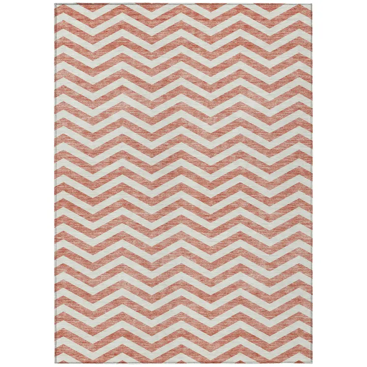 9' X 12' Salmon And Ivory Chevron Washable Indoor Outdoor Area Rug