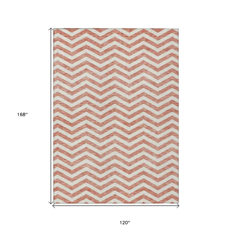10' X 14' Salmon And Ivory Chevron Washable Indoor Outdoor Area Rug