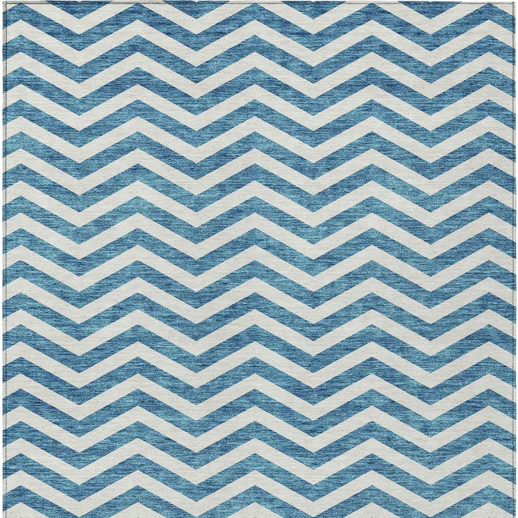 3' X 5' Teal Blue And Ivory Chevron Washable Indoor Outdoor Area Rug
