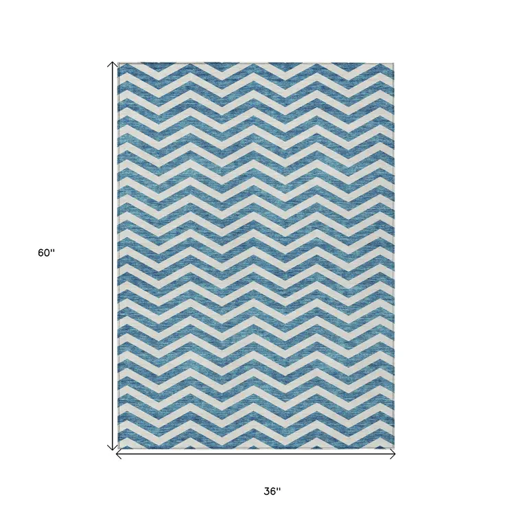 3' X 5' Teal Blue And Ivory Chevron Washable Indoor Outdoor Area Rug