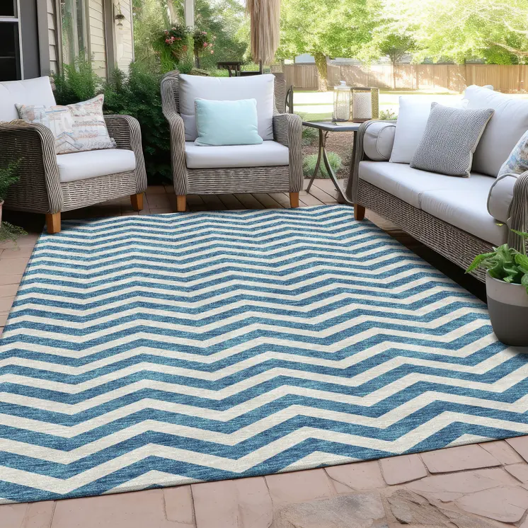 3' X 5' Teal Blue And Ivory Chevron Washable Indoor Outdoor Area Rug