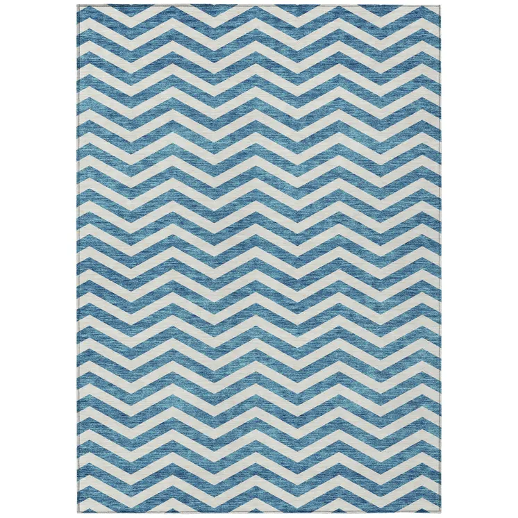 3' X 5' Teal Blue And Ivory Chevron Washable Indoor Outdoor Area Rug