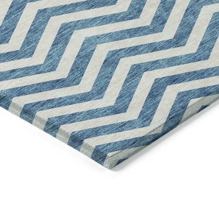 3' X 5' Teal Blue And Ivory Chevron Washable Indoor Outdoor Area Rug