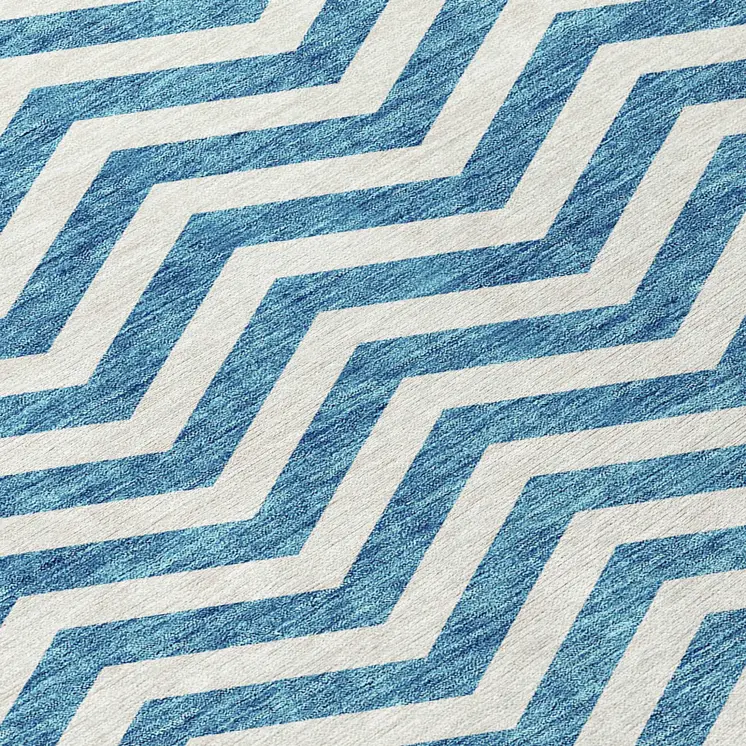 3' X 5' Teal Blue And Ivory Chevron Washable Indoor Outdoor Area Rug