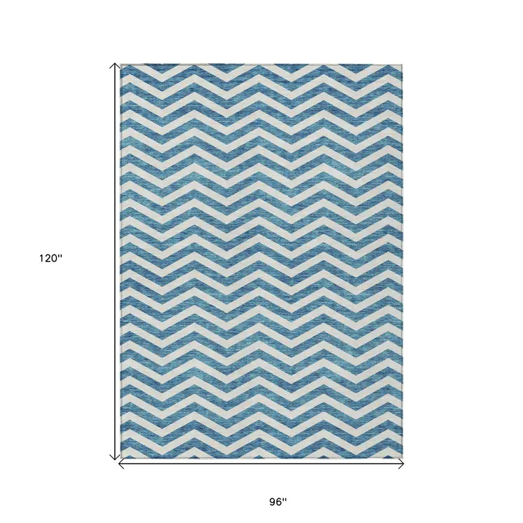 8' X 10' Teal Blue And Ivory Chevron Washable Indoor Outdoor Area Rug