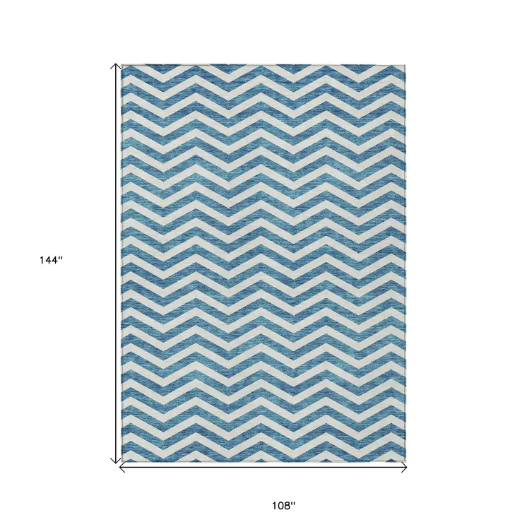 9' X 12' Teal Blue And Ivory Chevron Washable Indoor Outdoor Area Rug