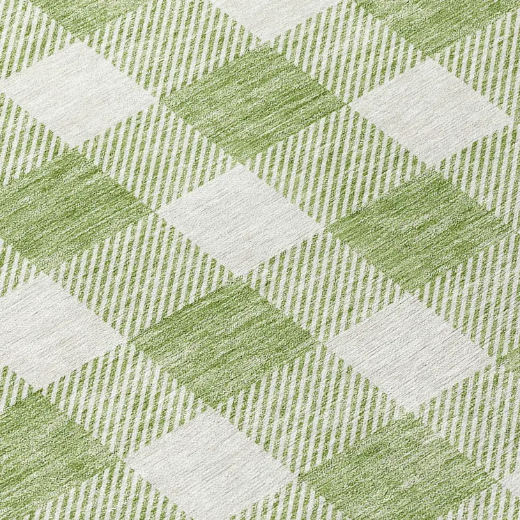 8' Artichoke Green And Gray Round Plaid Washable Indoor Outdoor Area Rug