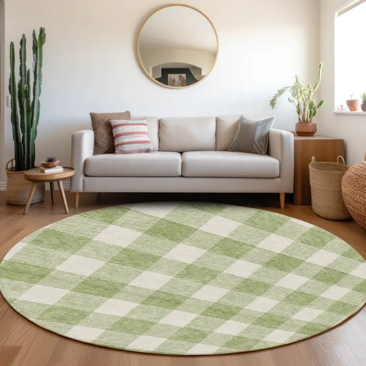 8' Artichoke Green And Gray Round Plaid Washable Indoor Outdoor Area Rug
