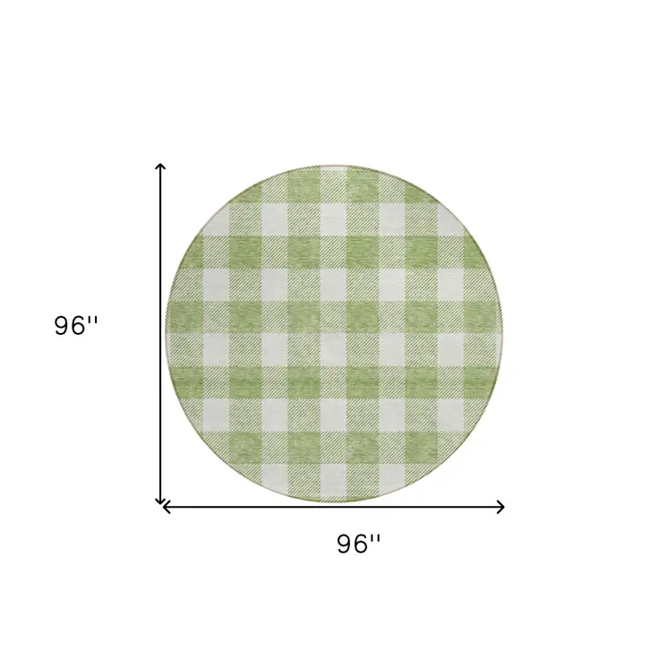 8' Artichoke Green And Gray Round Plaid Washable Indoor Outdoor Area Rug