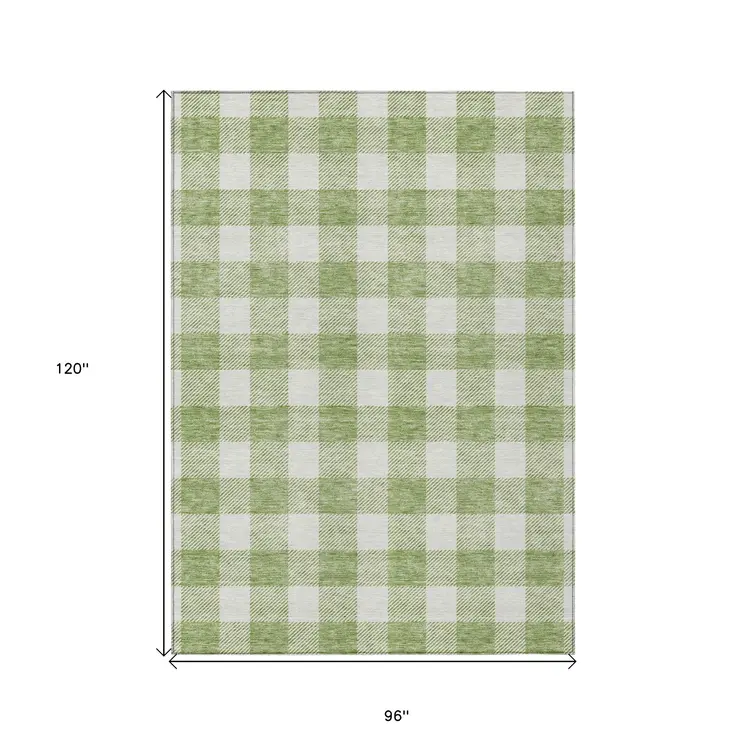 8' X 10' Artichoke Green And Gray Plaid Washable Indoor Outdoor Area Rug