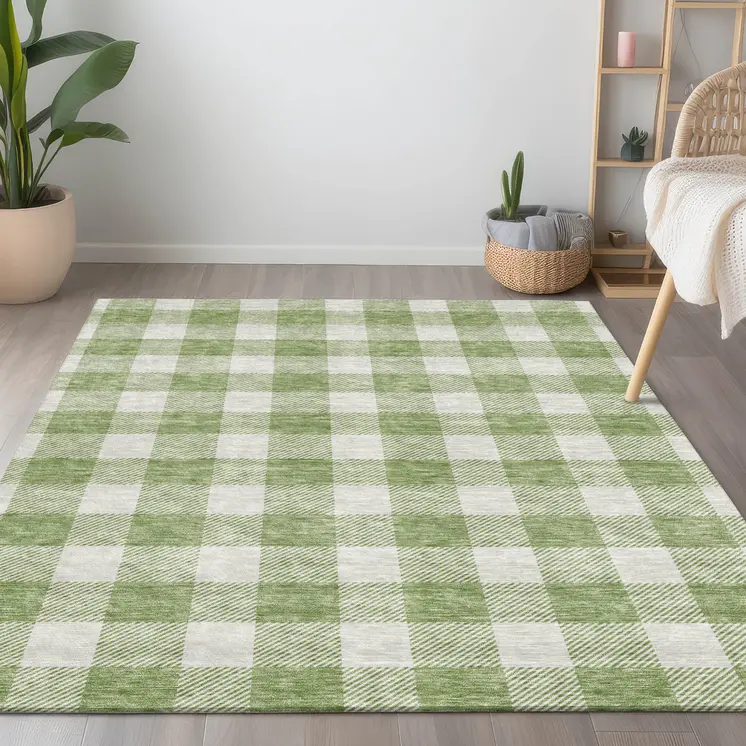 10' X 14' Artichoke Green And Gray Plaid Washable Indoor Outdoor Area Rug