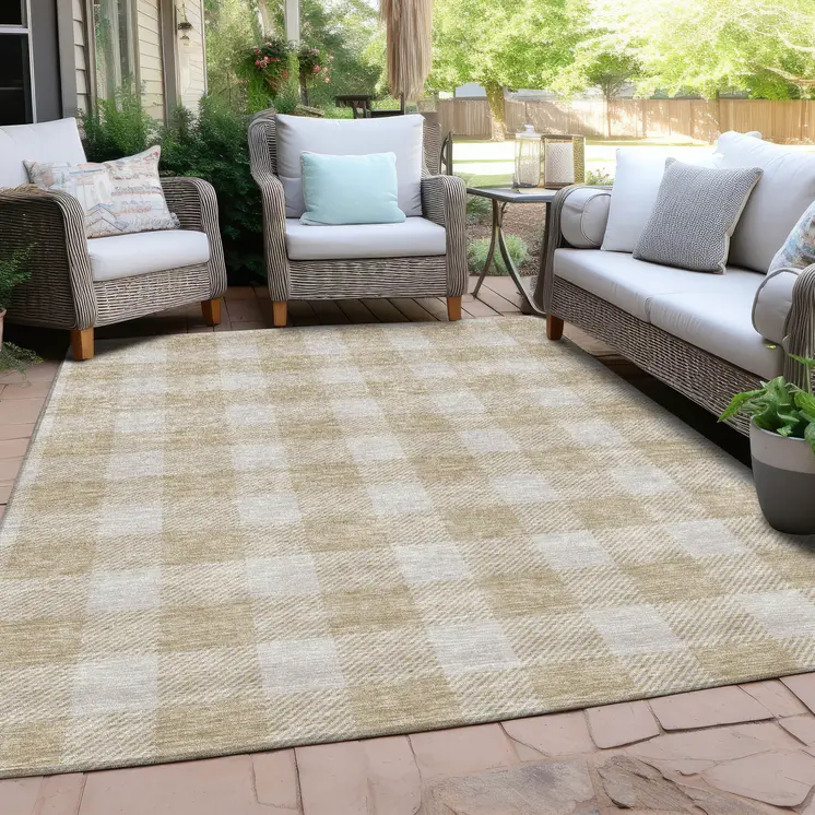 3' X 5' Beige And Gray Plaid Washable Indoor Outdoor Area Rug