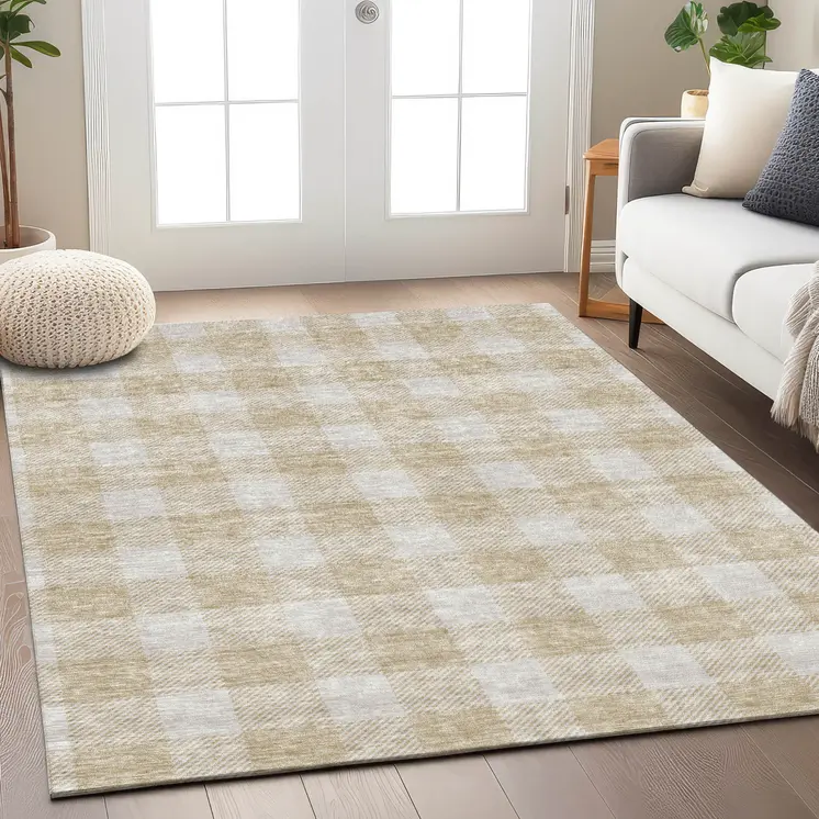 3' X 5' Beige And Gray Plaid Washable Indoor Outdoor Area Rug