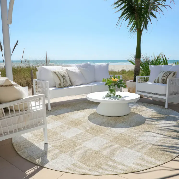 8' Beige And Gray Round Plaid Washable Indoor Outdoor Area Rug