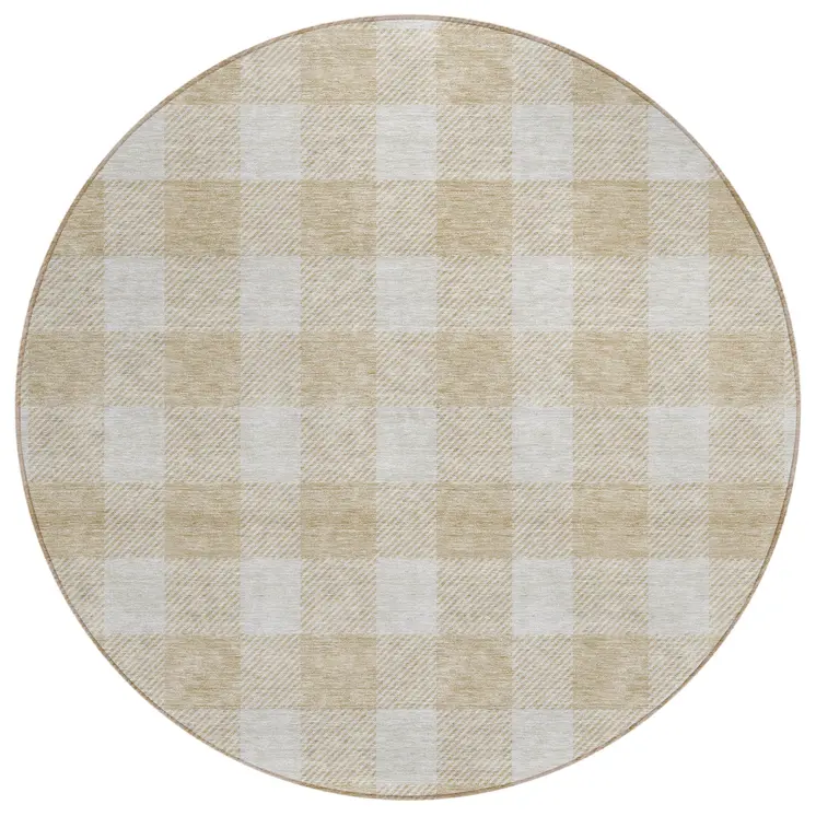 8' Beige And Gray Round Plaid Washable Indoor Outdoor Area Rug